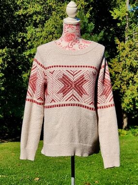 Maurices Cream Sweater with Red Geometric Fair Isle
